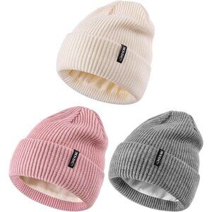 Women Gray+white+pink 3-Pack Winter Beanie Hats Fleece Lined Warm SkullCaps